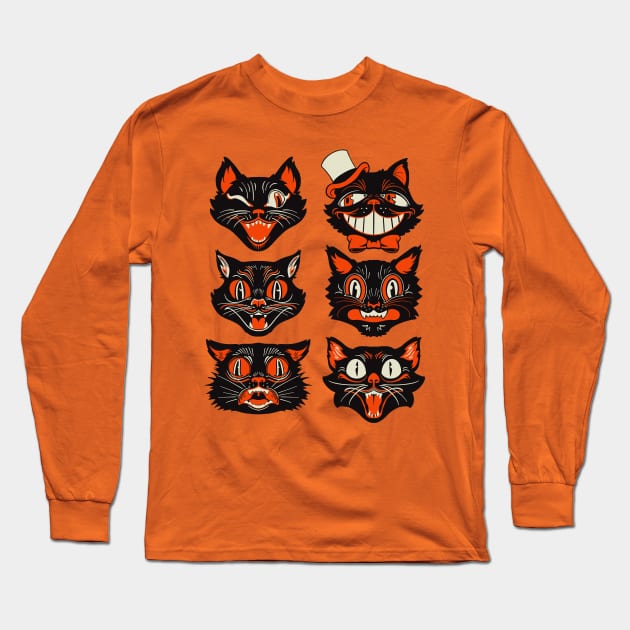 Vintage Halloween Black Cat Face Collection Long Sleeve T-Shirt by CTKR Studio